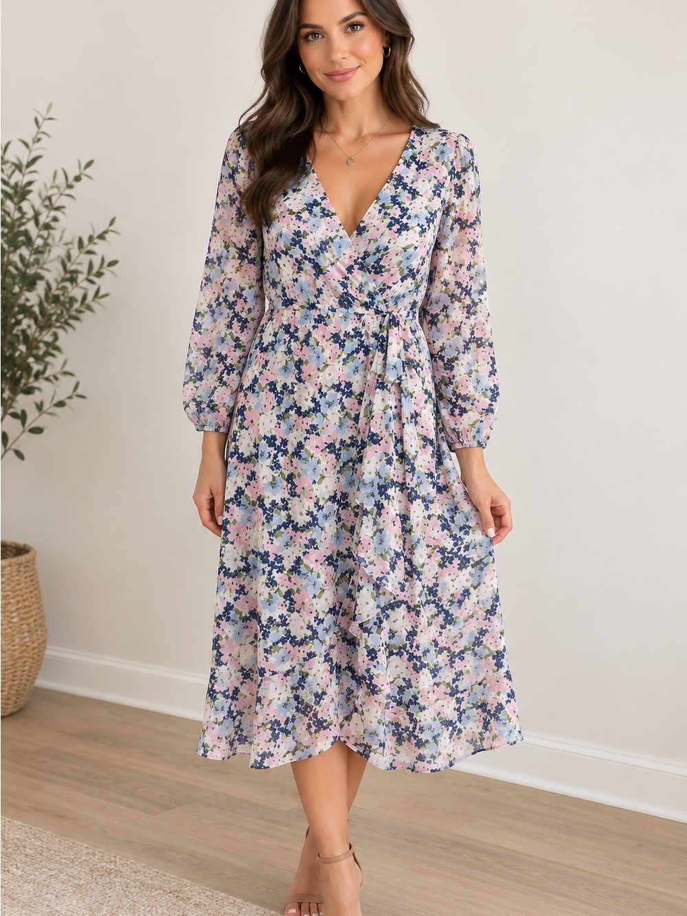 Floral Midi Dress - Pastel Pink & Blue